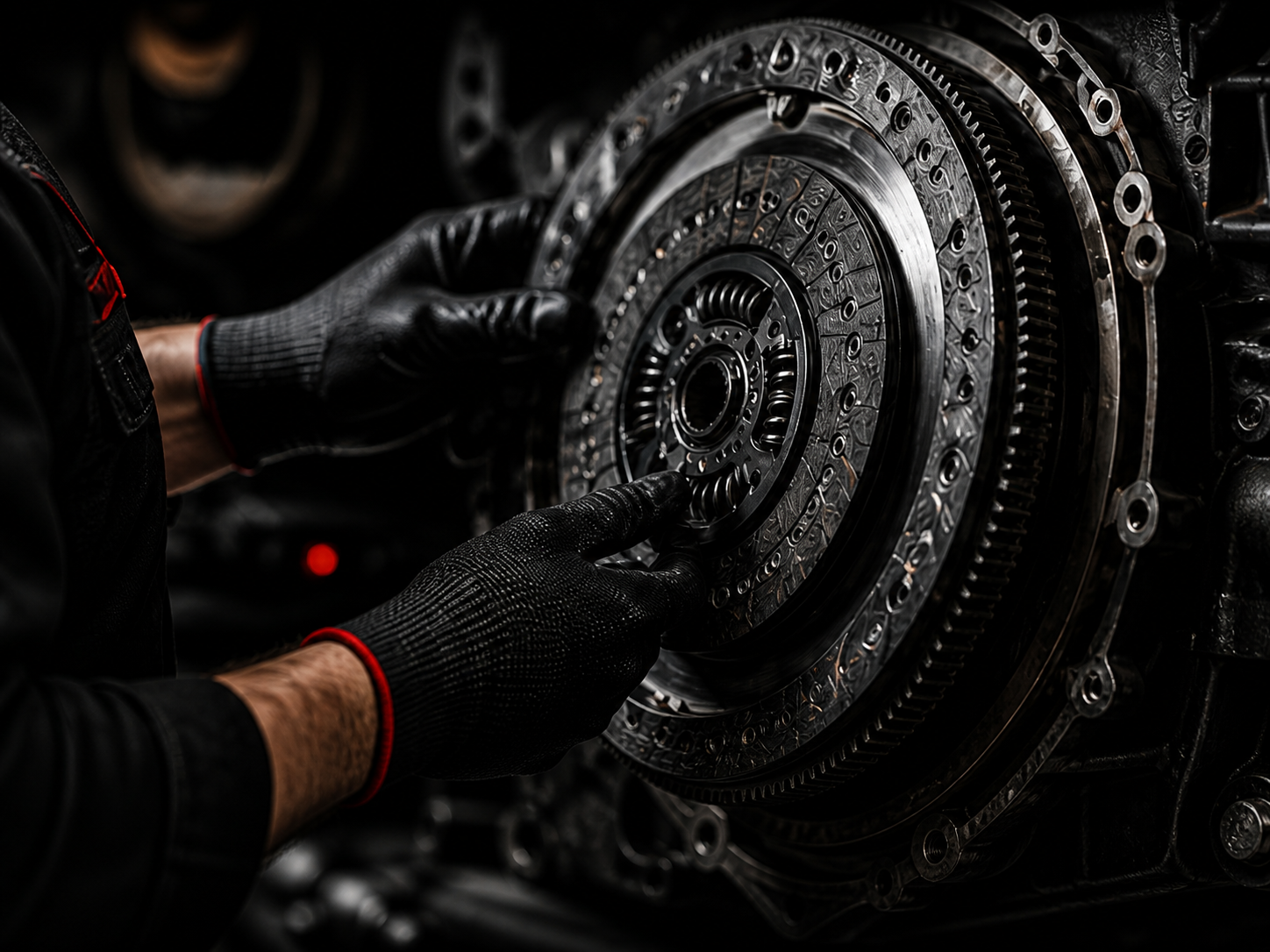 Mechanic working on a clutch and flywheel assembly