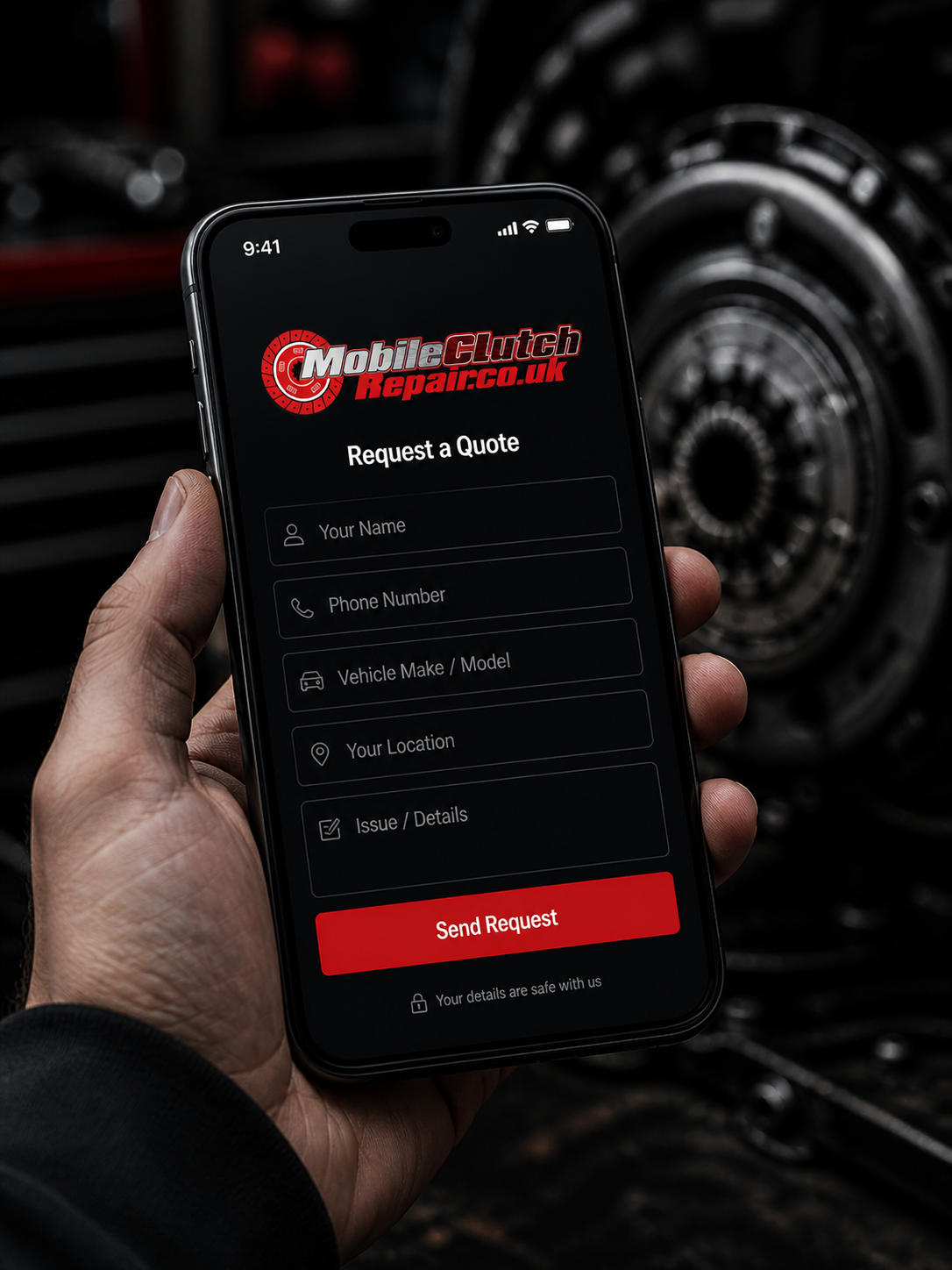 Customer requesting a clutch repair quote on the Mobile Clutch Repair mobile app