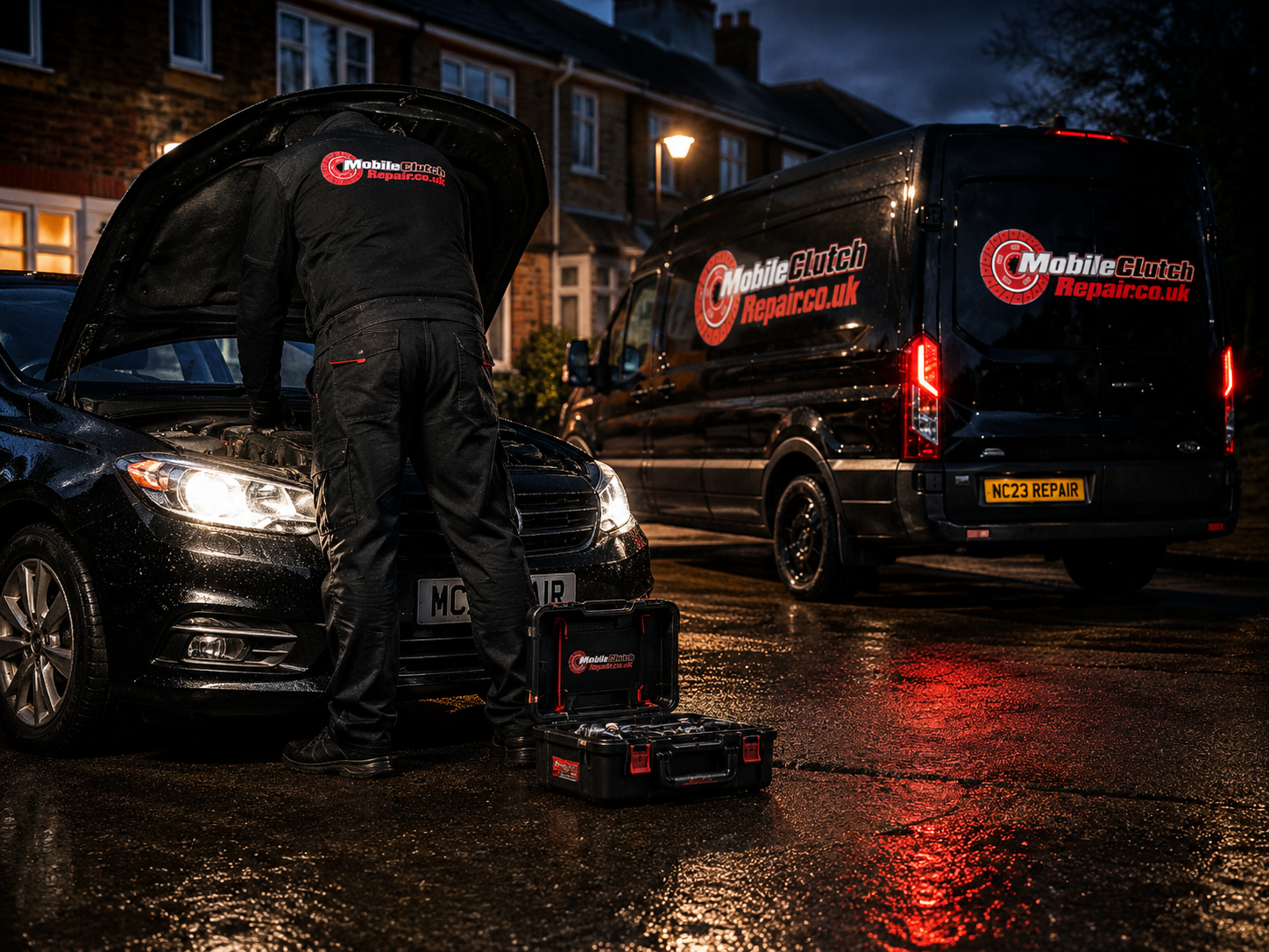 Mechanic in branded hoodie repairing a clutch assembly