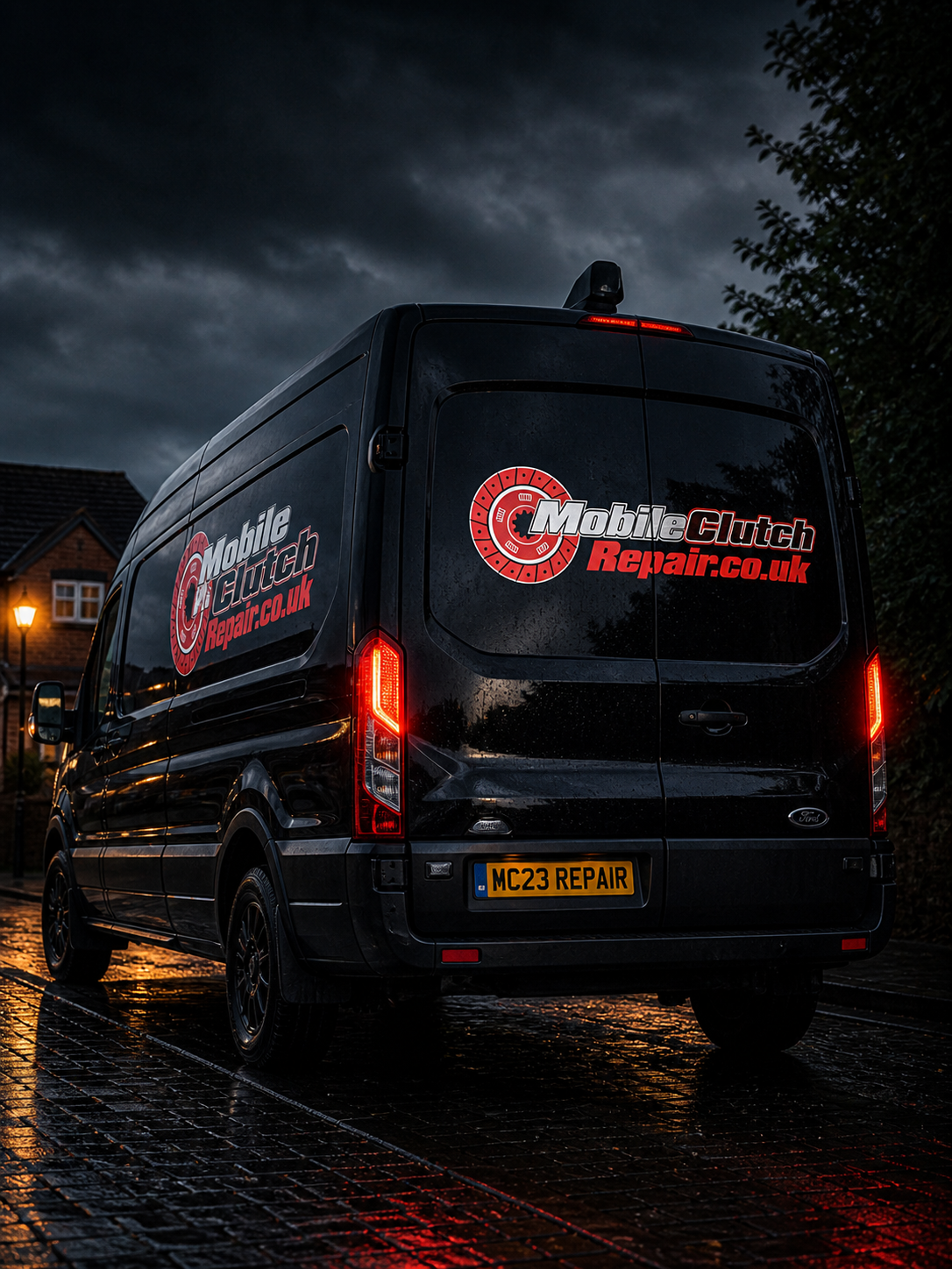 Mobile Clutch Repair van arriving at a customer location at dusk